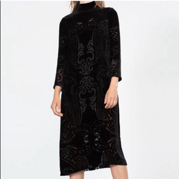 ZARA Black Burnout Print Velvet Mock Neck Midi Dress - Picture 7 of 12